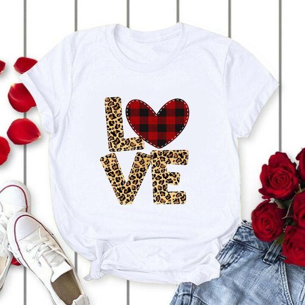 

women's t-shirt heart printed t-shirts leopard oversize short sleeve tshirts women clothing valentine's day tee shirt, White