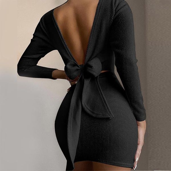 

casual dresses bodycon dress for women backless lace-up bandage clubewear solid color long sleeve mini female vestido, Black;gray