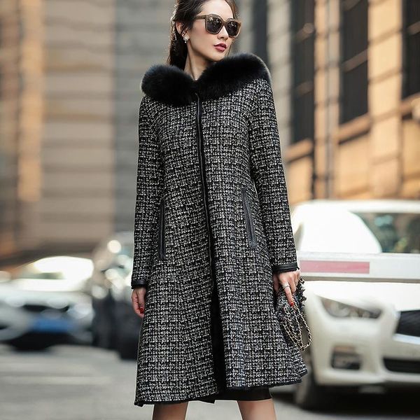 

women's fur & faux fashion korean real wool collar hooded female jacket double-sided clothing woman coat casaco zjt579, Black