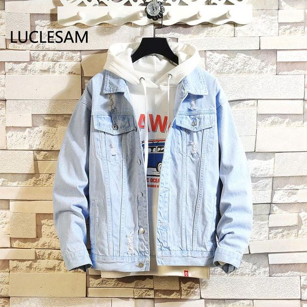 

men's jackets 2021 ripped mens jeans jacket destroyed holes male hip hop loose denim solid color casual vintage cowboy coat men jaqueta, Black;brown
