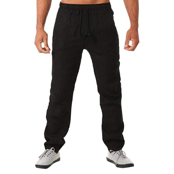

men's pants summer style simple and fashionable solid cotton linen trousers, Black