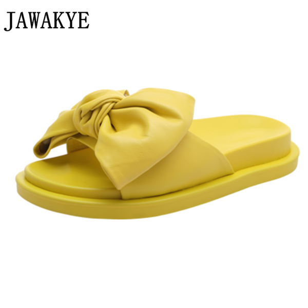 

slippers big butterfly knot real leather women slides 2021 candy color flat platform summer soft thick sole outdoor flipflop, Black
