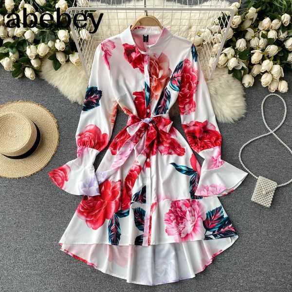

french sweet floral dress women lace turndown-collar sleeve a-line dresses summer bohemian print sundress 210512, Black;gray