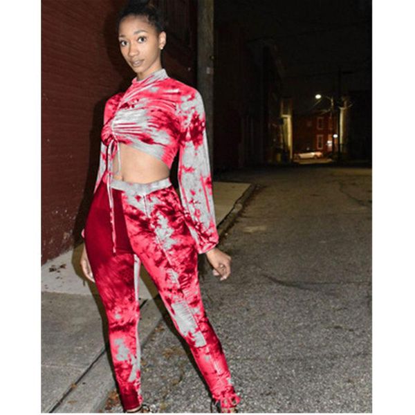 

womens tie-dye tracksuits fashion trend long sleeve drawstring shirring pants suits designer female spring skinny casual 2pcs sets, Gray