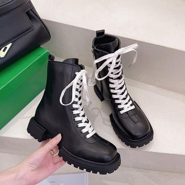 

boots women pu leather ankle women's autumn and winter round toe lace-up shoes fashion motorcycle platform botas mujer, Black
