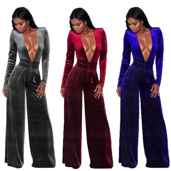 

women's jumpsuits & rompers 2021 fashion solid color women jumpsuit deep v-neck plus size clothes, Black;white