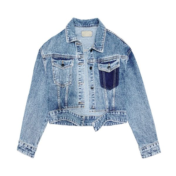 

women denim jacket blue patchwork pocket c0094 210514, Black;brown