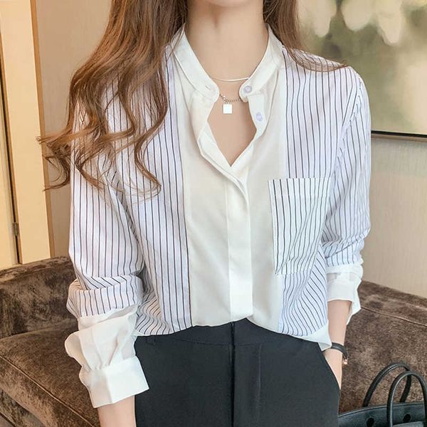 

long sleeve women blouses shirts blouse women v-neck striped chiffon blouse shirt women blusas camisas mujer d385 210602, White