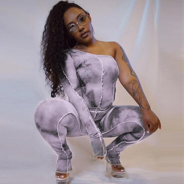 

women's tracksuits nclagen women tie dye slim fitness two pieces set one shoulder patchwork cropped t shirt skinny gyms pants leggings, Gray