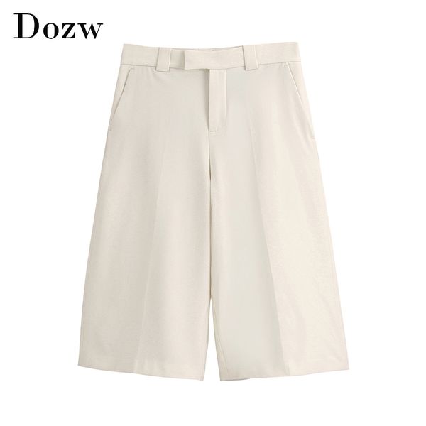 

women loose casual half pants solid fashion high waist wide leg trousers ladies office suit pants pantalon femme 210414, Black;white