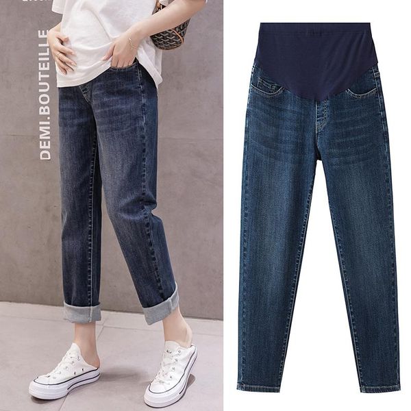 

8920# maternity clothes spring autumn slimming high waist jeans elastic trousers bottoms, White