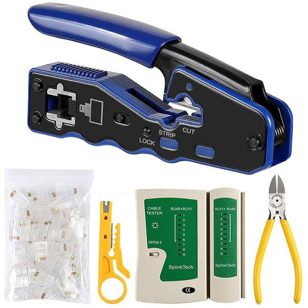 

professional hand tool sets network lan cable tester rj45 crimp pass through modular cat6 cat5e cat5 crimping kit,50pcs connectors