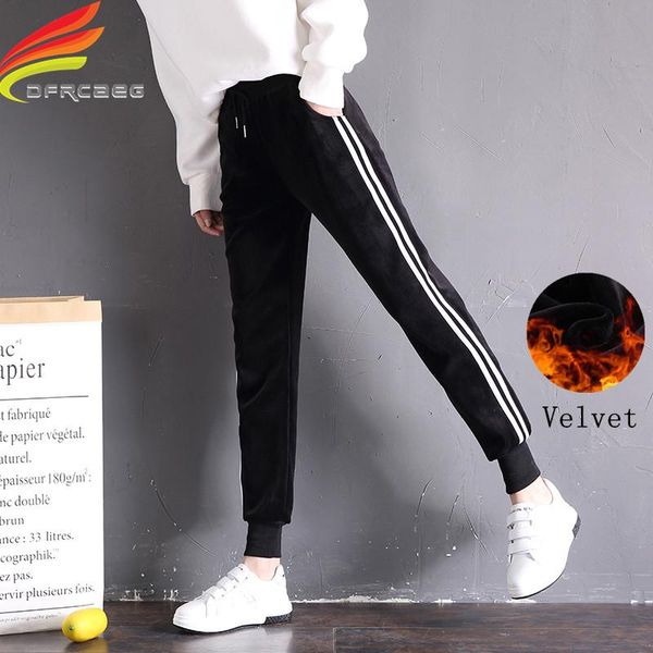 

women's pants & capris winter 2021 fashion woman harem women side striped high waist velvet black trousers sweatpants streetwear, Black;white