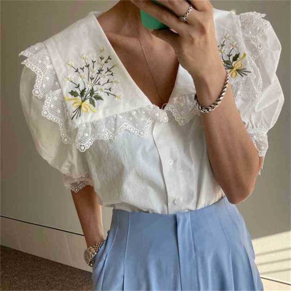 

summer lady elegant sweet femme embroidery retro loose vintage blouses chic short sleeve shirts 210525, White