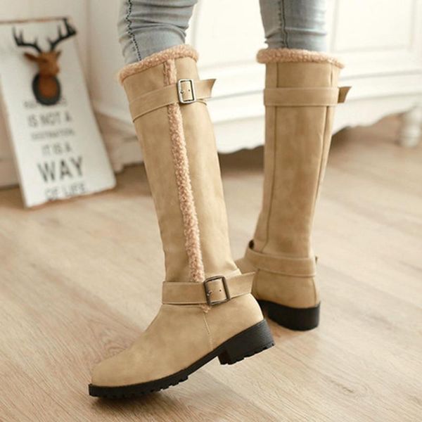 

boots high british belt buckle leather japan korean low heel slip-on young girl student keep warm fashion shoes, Black