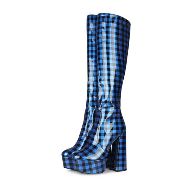 

boots women chunky platform high block heel plaid knee boot, Black