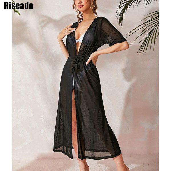 

women's swimwear riseado black beach cover-up long dress mesh women swimsuit beachwear belted tunic half sleeve pareo bath outlet, White;black
