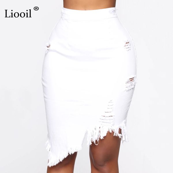 

liooil asymmetric hole denim midi skirt with tassel streetwear high waist wash distressed for women bodycon ripped jeans skirt, Black