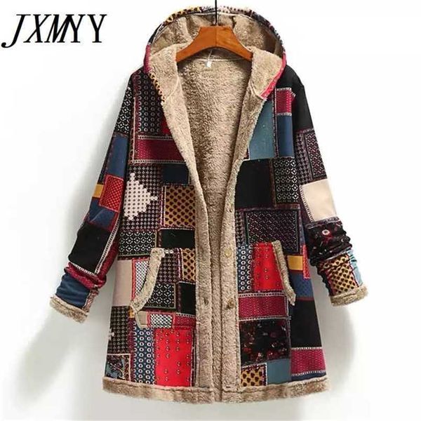 

winter vintage women coat warm printing thick fleece hooded long jacket with pocket ladies outwear loose coat for women 220114, Black;brown