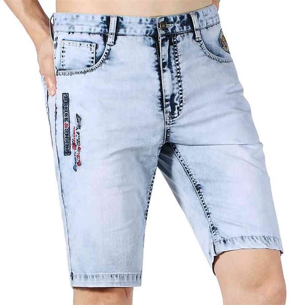 Curto homens jeans negócios denim casual moda bordado esticando fino soft algodão em linha reta 210716