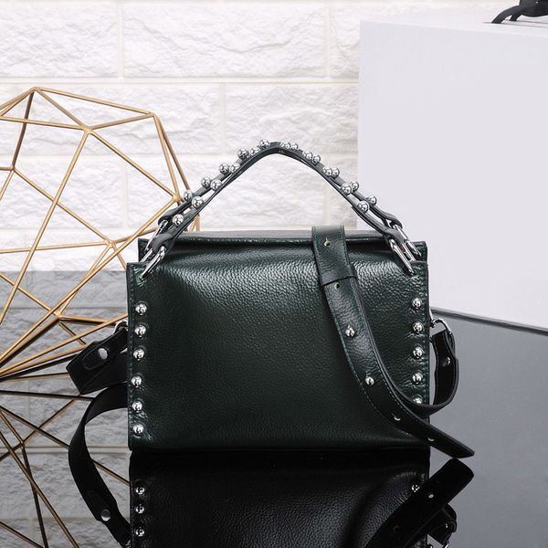 

single shoulder bag woman bags purse handbag fashion plain calfskin genuine leather rivet adjustable strap zipper