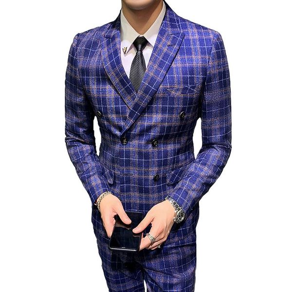

blazers men's fashion banquet slim 2 piece suit set / male business plaid jacket pants trousers double breasted coat suits &, White;black