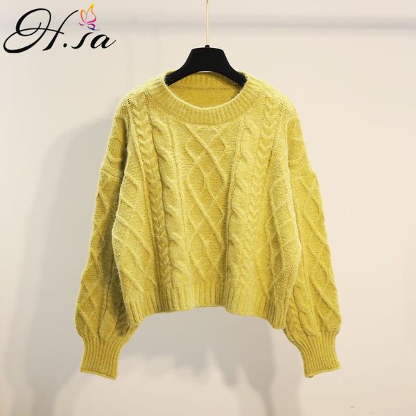 

h.sa korean fashion fall knit pullovers for women oneck short style twisted knitwear purple and jumpers vintage sweater 210417, White;black