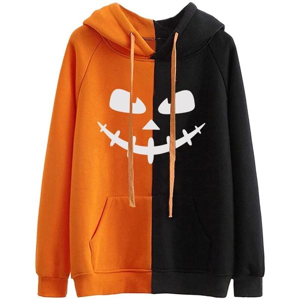 

white face pattern comfortable women's hoodie halloween pattern sweatshirt color block orange and black patchwork sweatshirt long sleev