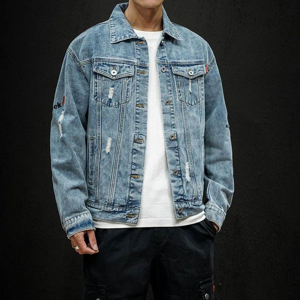 

men's vests jeans jacket men original embroidery hole design lapel jackets male fashion single-breasted loose plus size coat sky blue, Black;white