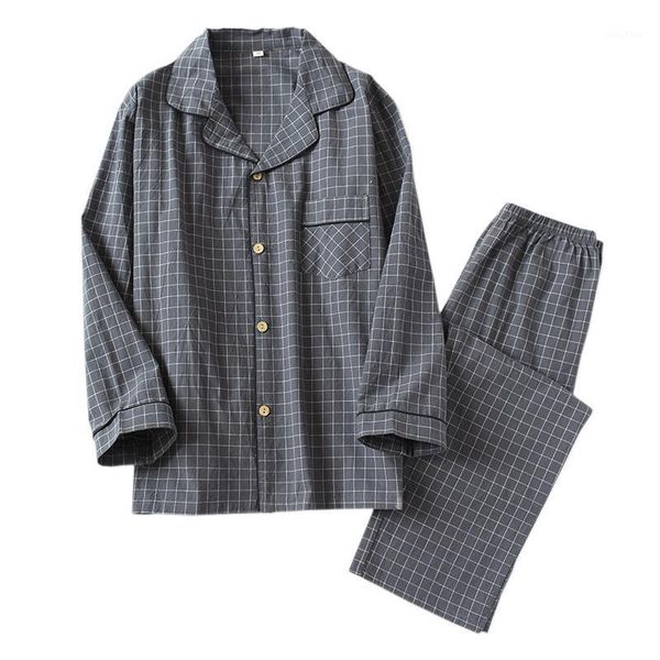 

men's sleepwear simple plaid 100% cotton pajama sets men autumn japanese pure casual male long sleeve pyjamas, Black;brown