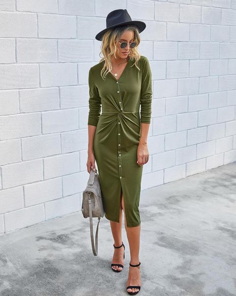 

casual dresses selling autumn fashion button v-neck solid color slim dress, Black;gray