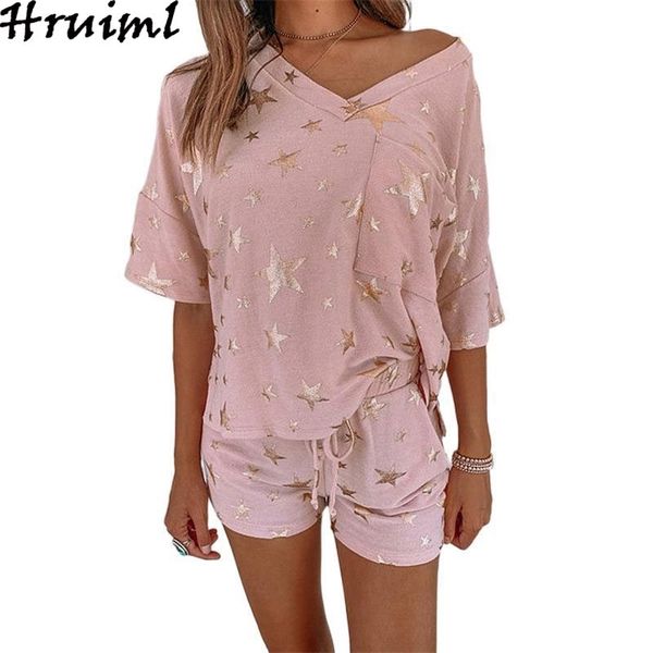 

lounge set fashion drawstring women 2 piece five-pointed star print short-sleeved casual home wear suit pajamas 210513, White