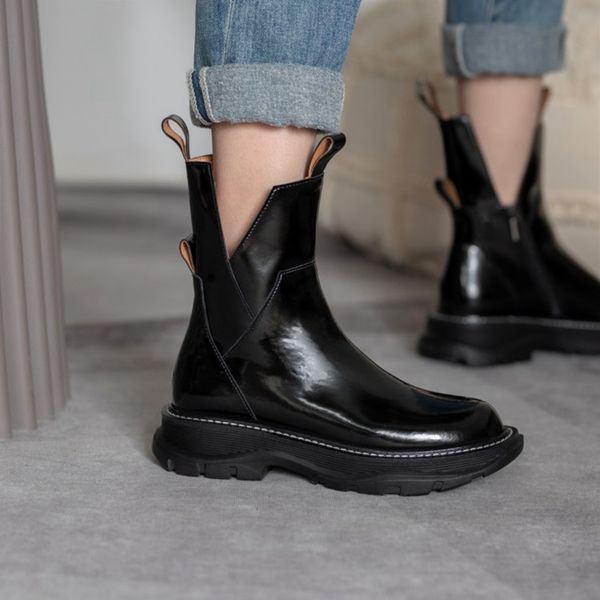 

2021 women sho round toe platform boots genuine leather ankle for cool motorcycle tooling style girls, Black