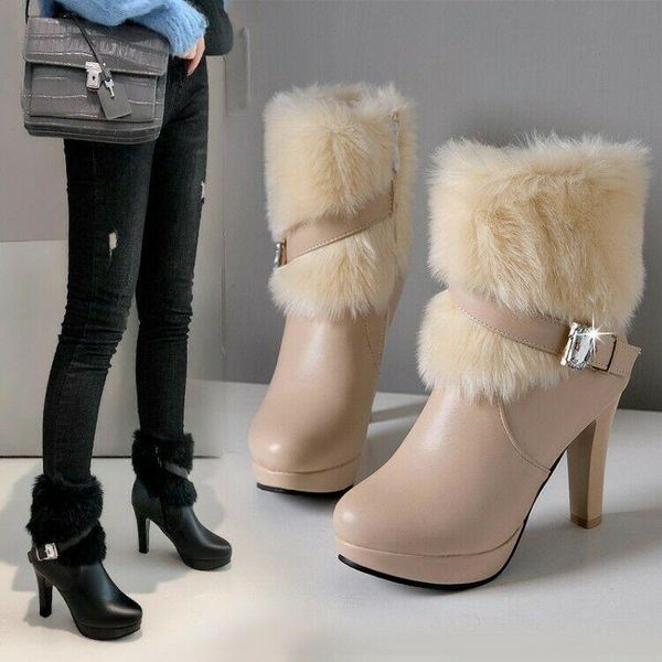 

boots women's winter fluffy mid calf fashion warm fur trim high block heels, Black