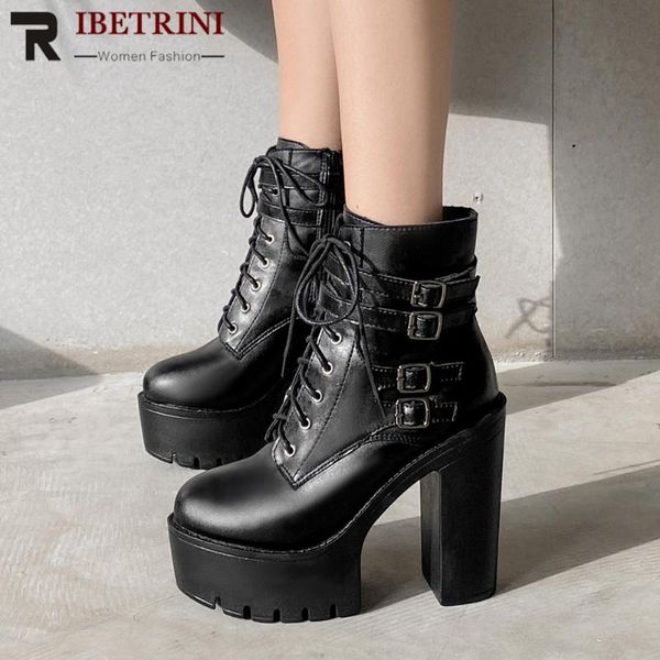 

boots ribetrini arrival female balck lace up zipper platform ankle women square high heel cool fshion shoes woman, Black