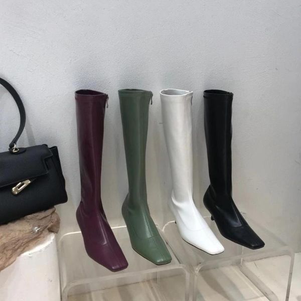

boots fashion women knee colour square toe ladies autumn winter knight side zipper thin mid heels woman, Black