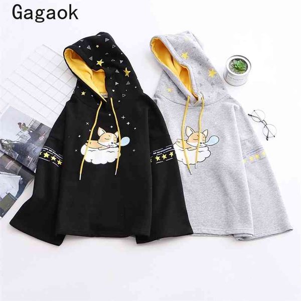 

preppy style women thick hoodies winter hooded drop-shoulder cartoon print loose casual sweet cute wild pullover 210531, Black