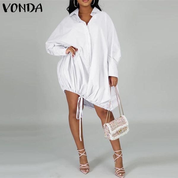 

casual dresses vonda women long sleeve midi lapel button down shirt dress 2021 solid color vestidos plus size sundress, Black;gray