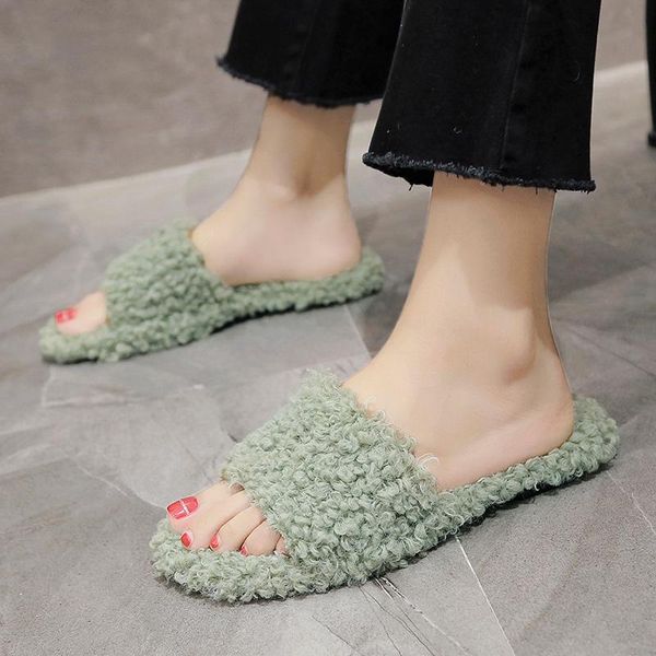 

slippers size 35-40 2021 autumn women's concise flat heels full of fur shoes woman college girls inside brand flip flops, Black