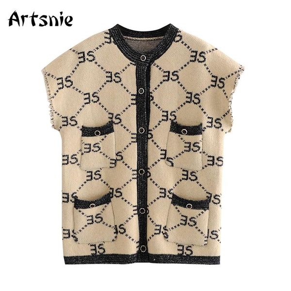 

women's vests artsnie vintage cardigans vest women o neck single breasted pockets sweaters pull femme streetwear letter knitted sweater, Black;white