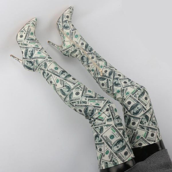 

boots dollar printed thigh pointed toe thin high heel slim leg stretch over the knee women fall fashion long, Black