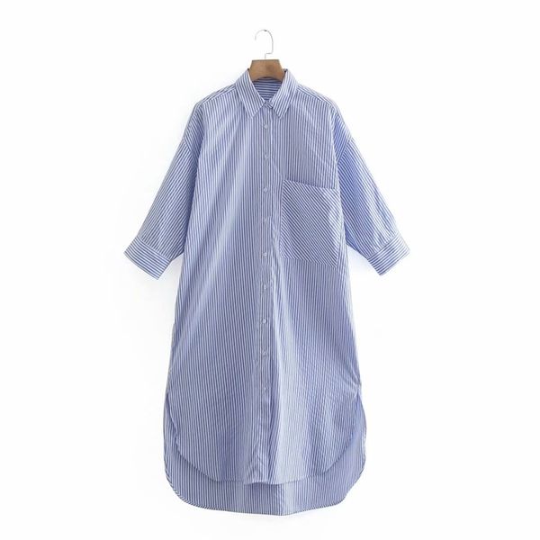 

women loose shirt dress turn down collar pocket striped midi straight casual streetwear vacation 210525, Black;gray