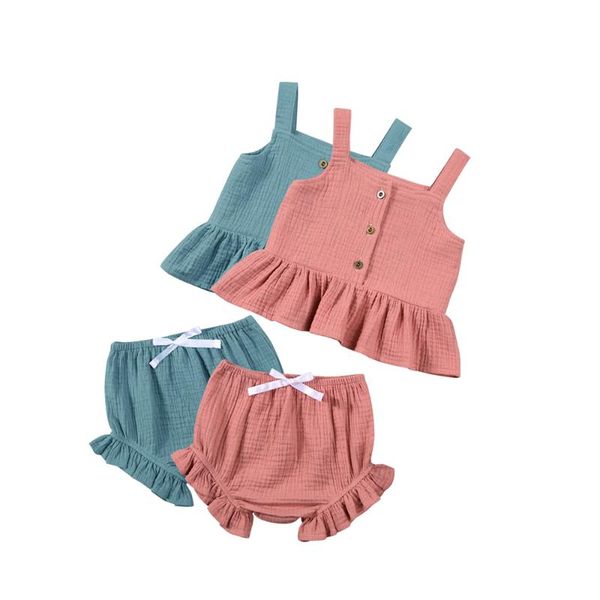 

summer toddler baby girl solid color sleeveless ruffle button front tank +bloomer shorts 2pcs outfits children clothes sets clothing, White