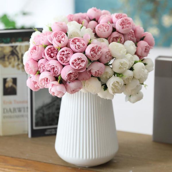 Ghirlande di fiori decorativi 27 teste di rose tea artificiali fiori di seta finti matrimonio sposa con bouquet floreale simulazione decorazioni per la tavola di casa