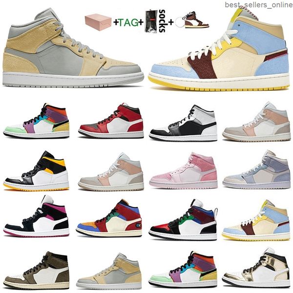 

2021 outdoors with box mid light smoke grey mens jumpman 1 1s basketball shoes pine green luxurys women trainers sneakrers, Black
