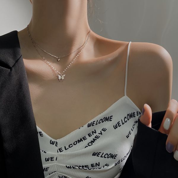 

double butterfly necklace female xia xiaozhong senior design feeling collarbone chain new tide, Silver