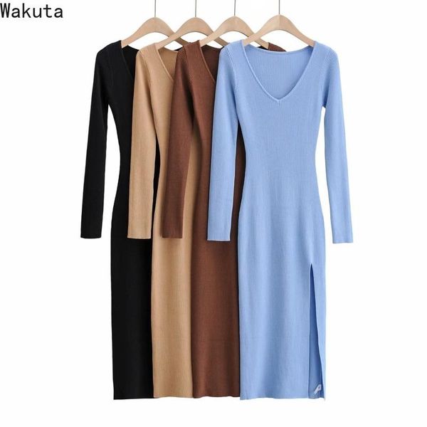 

long sleeve sheath dress women solid elegant side split midi dresses femme slim autumn winter 2021 chic vestido feminino casual, Black;gray