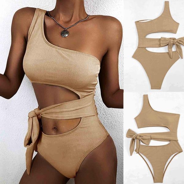 

women's swimwear 2021 solid bandage one piece swimsuit women cut out monokini hollow bathing suit bandeau beachwear, White;black