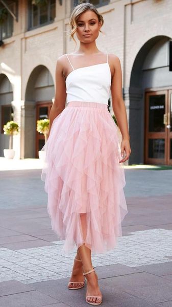 

skirts summer arrival fashion tulle women long tutu skirt 2021 korean ball gown asymmetrical high waist pleated mesh female, Black