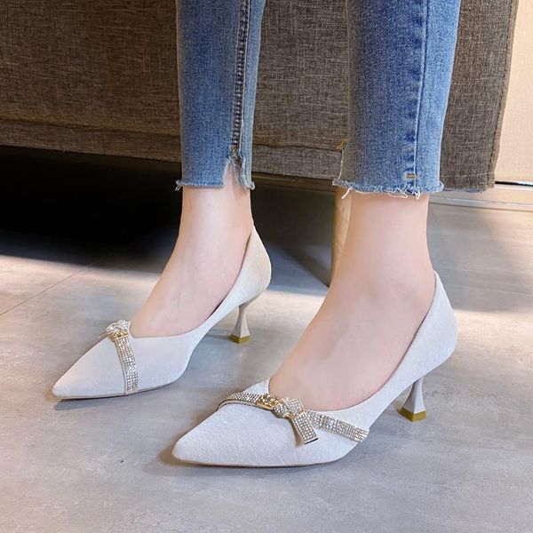 

dress shoes crystal narrowband thin heels women shiny pointed toe high elegant office pumps black beige zapatos mujer